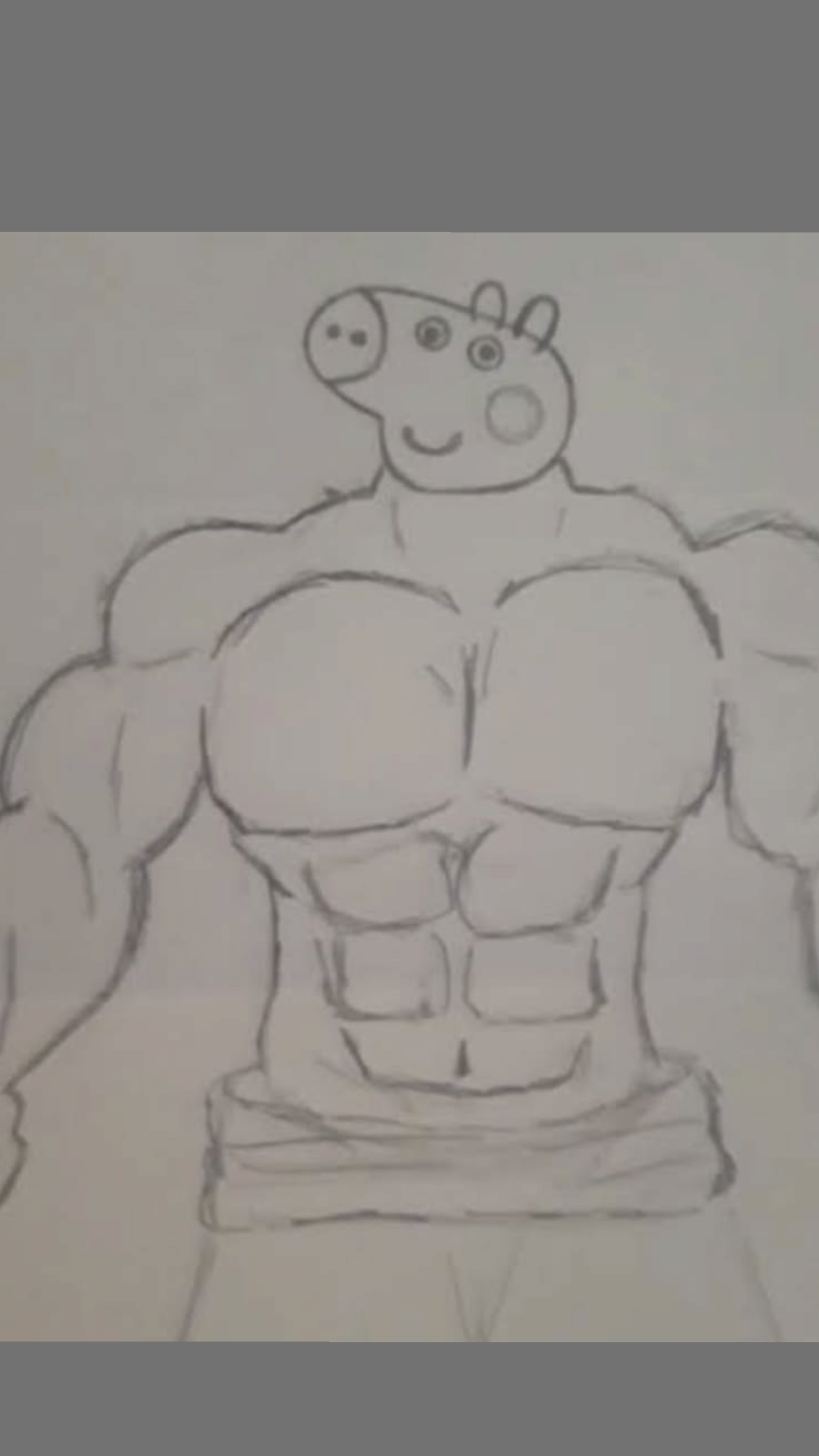 A single-line pencil drawing of a heavily muscled Peppa Pig