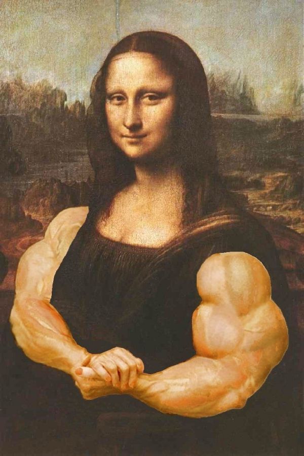 The Mona Lisa edited to have enormous bodybuilder arms