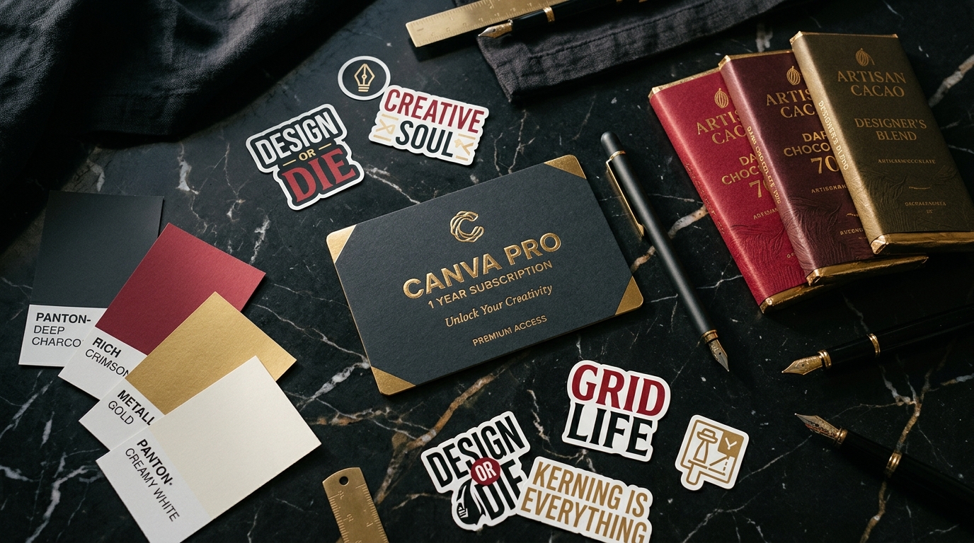 Dark theme flat lay of Canva Pro card, designer chocolates, and creative stickers