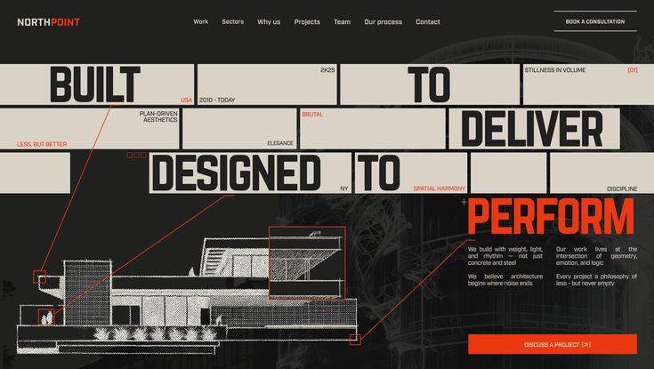 Editorial poster layout with heavy display typography over a blueprint