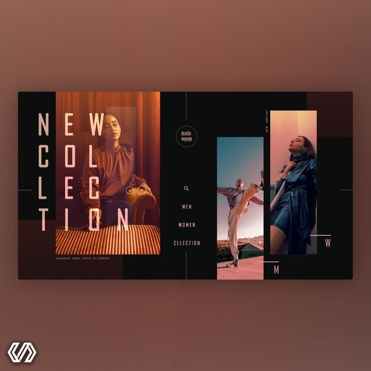 Warm-toned fashion website layout with layered image panels